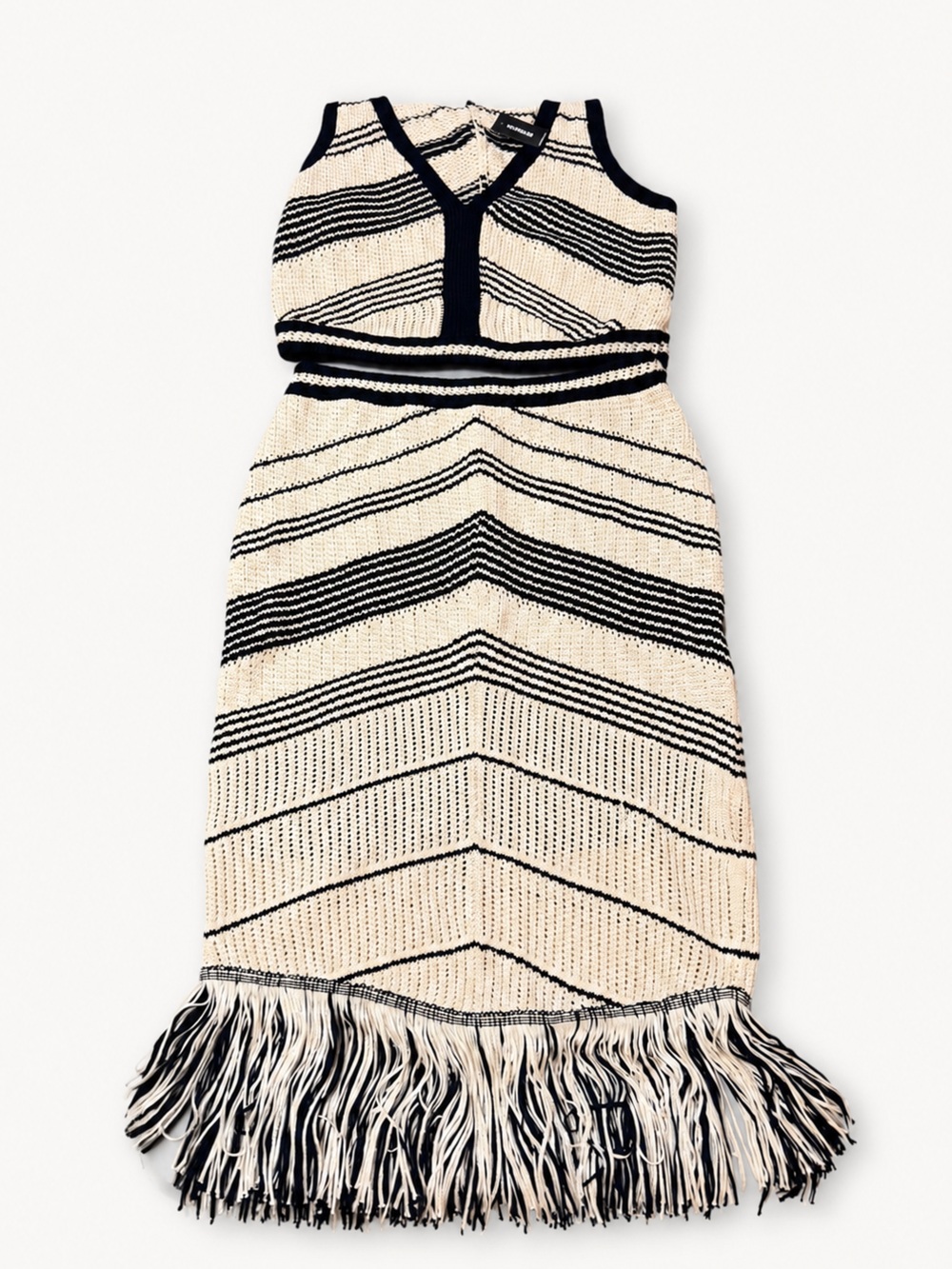 Express Black and Cream Chevron Knit Midi Skirt with Waist Tie